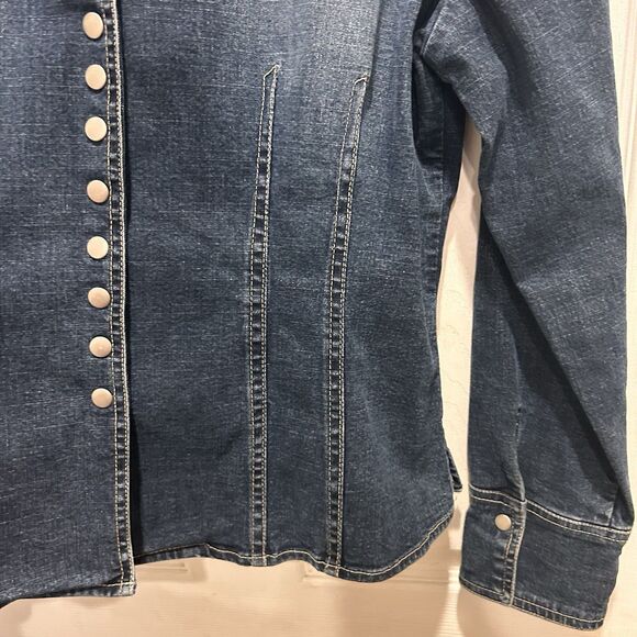 Christopher & Banks Women's Stretch Denim Blue Jean Jacket Snap Buttons‎ Large - Picture 6 of 8